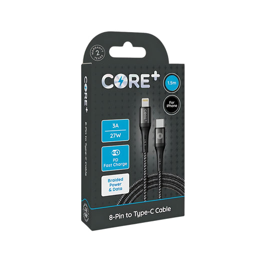 CORE+ 8-Pin to Type-C Cable 1.5m Braided Grey 3A/27W PD