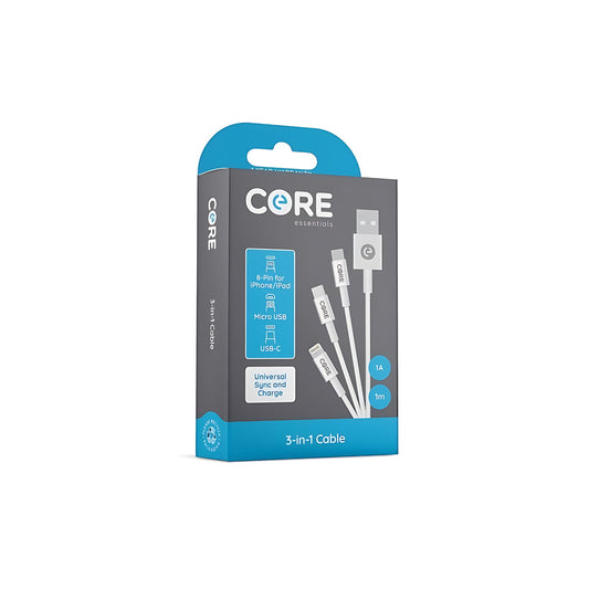 Core 3-in-1 Cable 1m PVC White 1A/5W