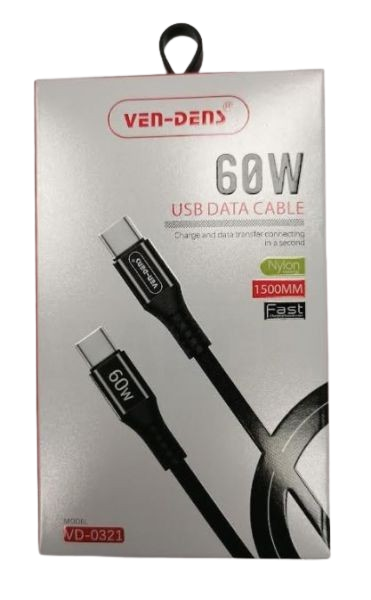 Ven-Dens Nylon USB-C Data Cable - 60W - 1.5m - Colours May Vary